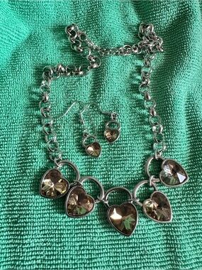 Heart Crystal Pendant Necklace and Earring Set in Champagne